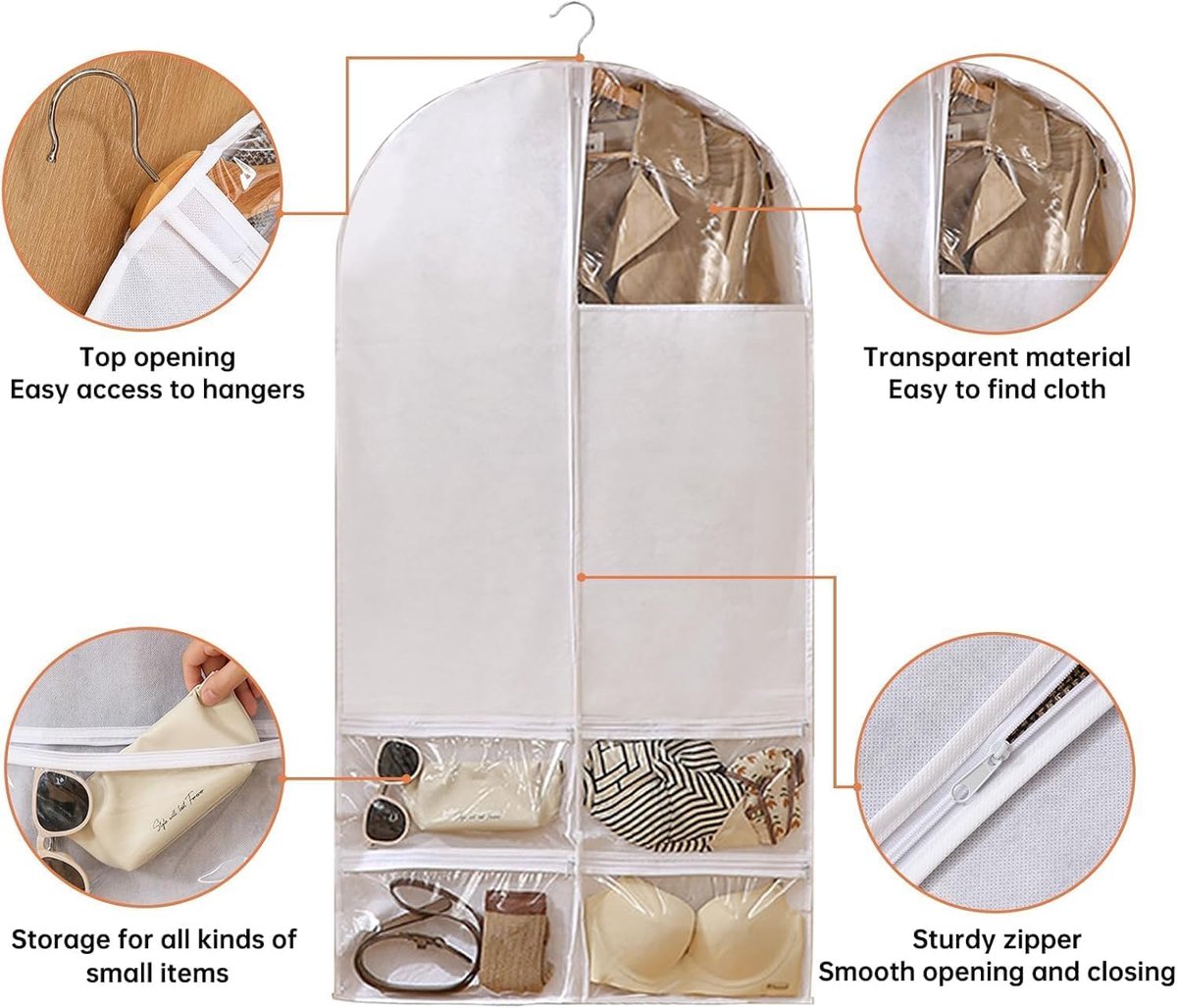 3 stuks kledingzakken, pak lang + 1 x opbergtas, schoenen, kledingzakken, mottenbestendig, transparant, mat, kledingzakken, ritssluiting, voor kleding, jassen, overhemden (3 stuks, 60 x 120 cm