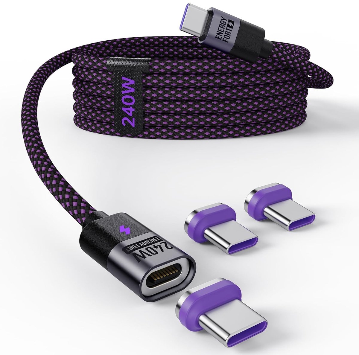 Krachtige 240W USB-C kabel 1,2 m, magnetische snel oplaadkabel voor iPhone, Samsung en MacBook met gevlochten ontwerp