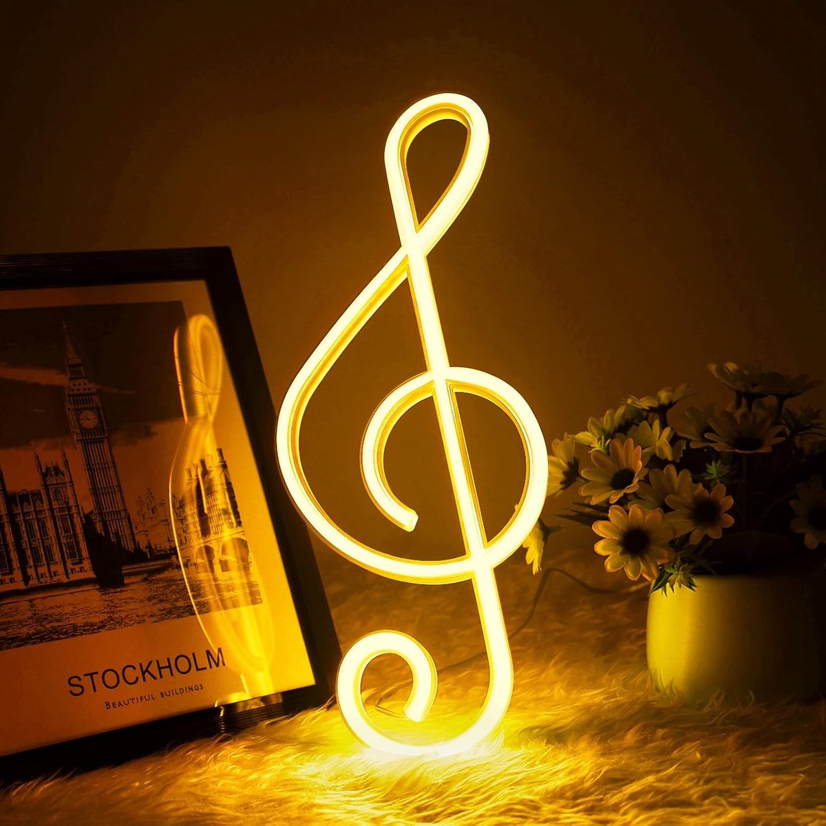 Lichtreclame, muzieknoten, neonlicht, USB- en batterij-aangedreven led-neonborden voor wanddecoratie, bar, muziekfeest, studio (warm wit)