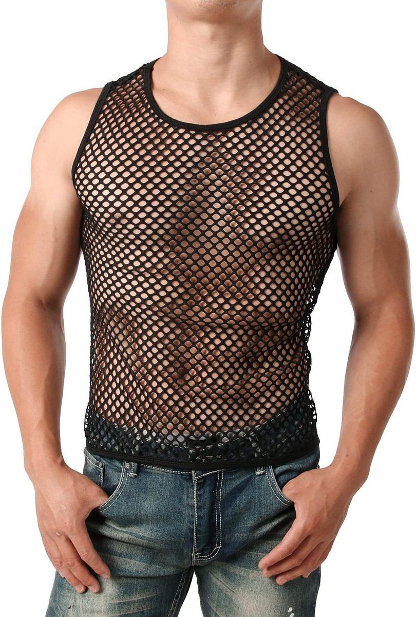 Heren muscle-shirt mouwloos net, man tanktop transparant, mannen