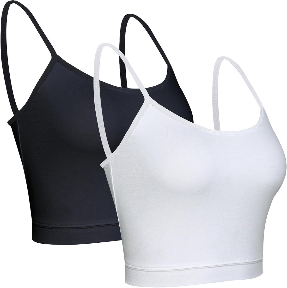2 Stuks Hemdje Top Spaghetti Riem Katoen Crop Tank Tops Voor Vrouwen Meisjes, Zwart, Wit, M