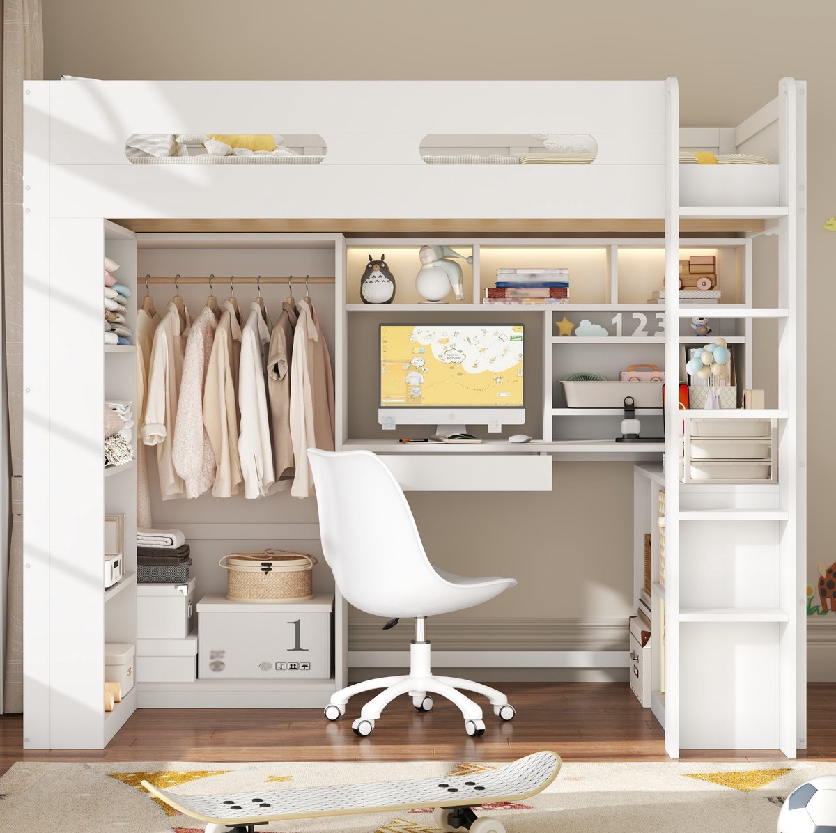 Hoogslaper 90x200cm Met Bureau, Lade, Opbergrekken, Kast, LED En USB-Aansluiting, Hout En MDF, Wit, Zonder Matras