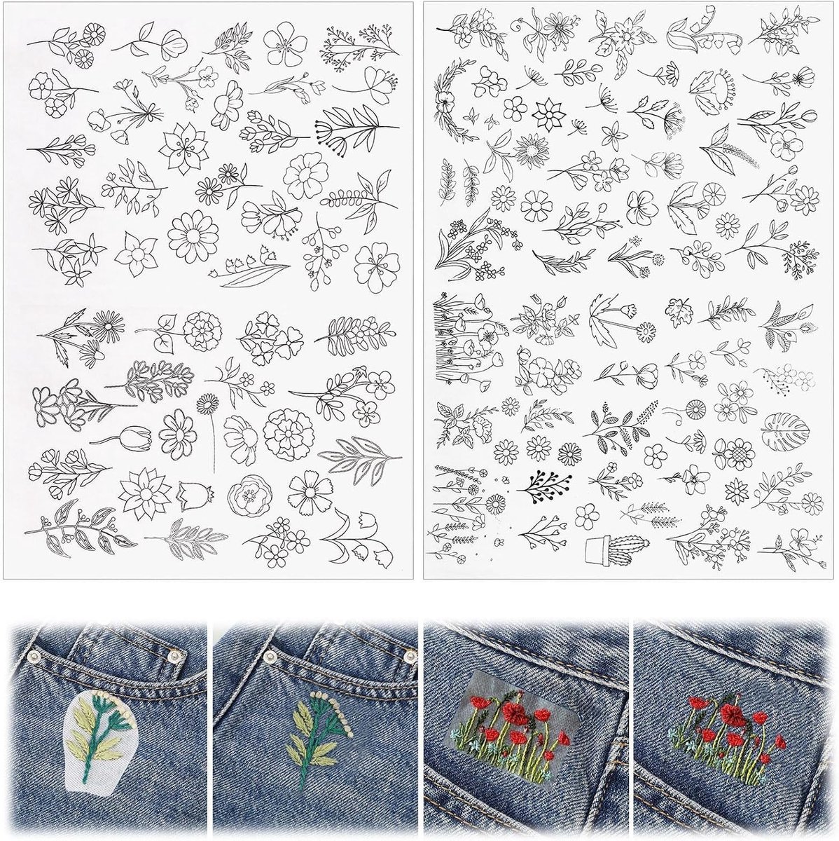 2 vellen stabilisator borduurwerk met bloemen voorgedrukt, in water oplosbaar, oplosbaar borduurpapier, stabilisatormodellen borduren voor borduurwerk, knutselprojecten, naai-oefeningen