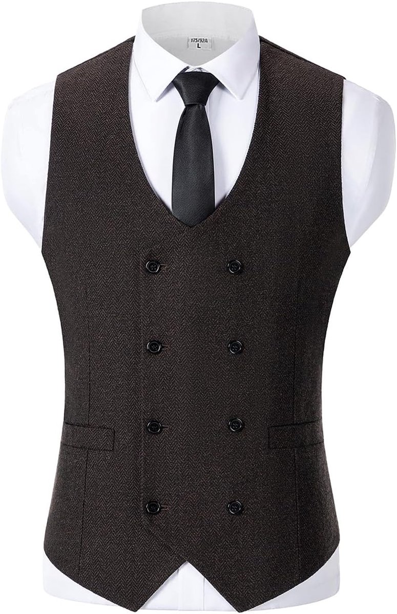 Herenkostuum met twee rijen wol, tweed vest voor bruiloft, koffie, M