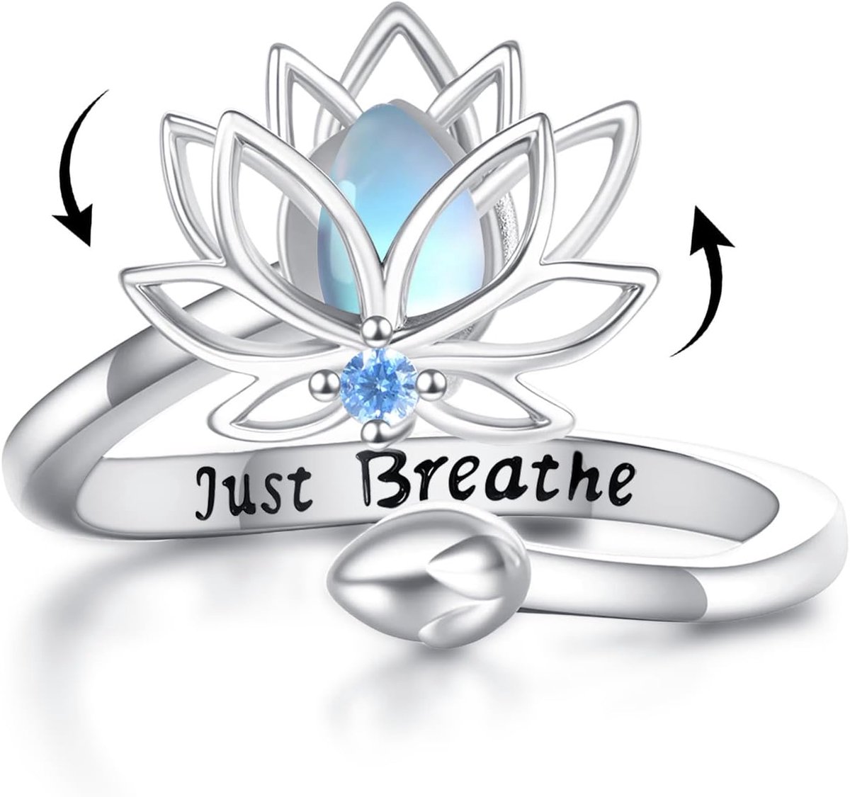 Breathe Anxiety Ring, sterling zilver, maansteen, lotus, anti-stress