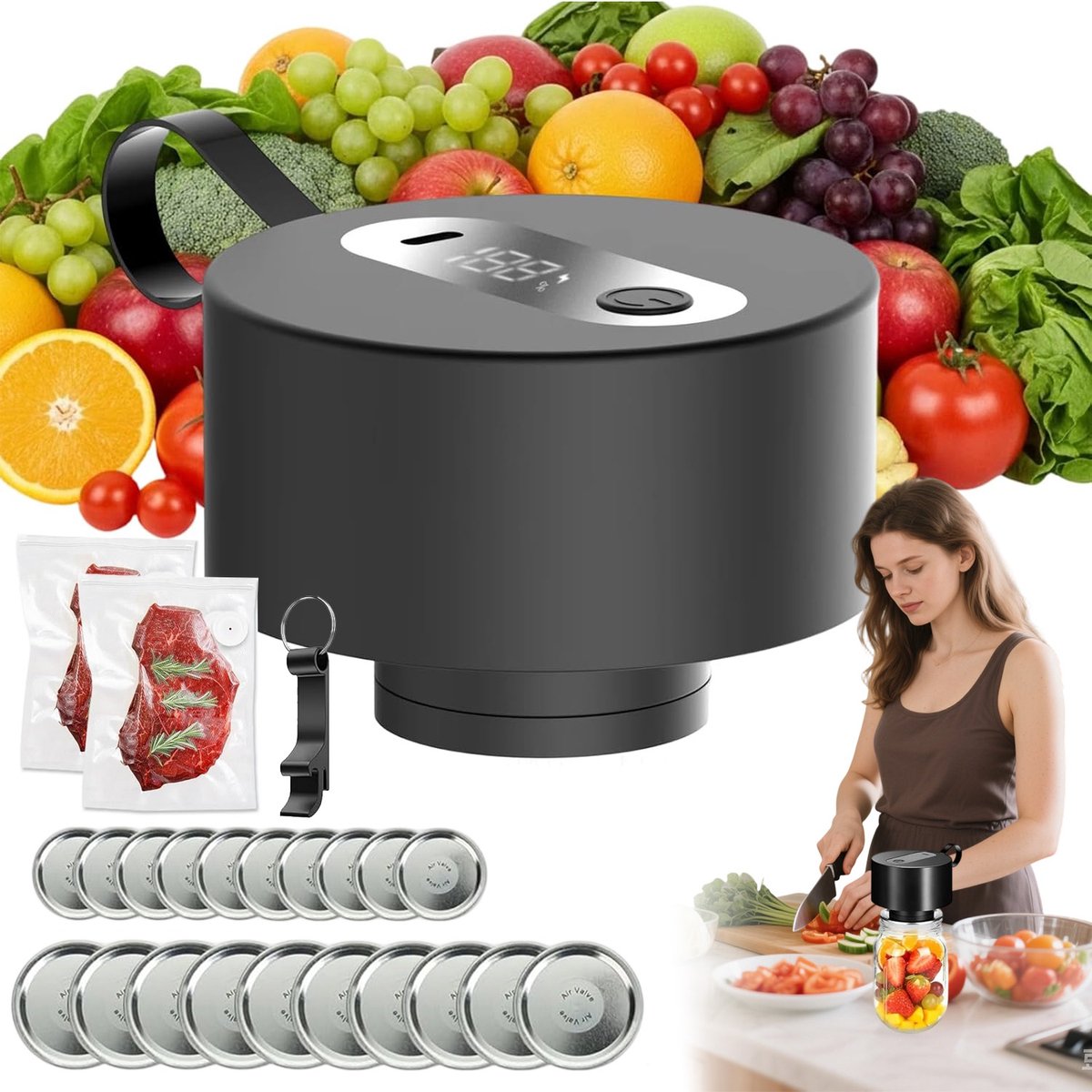 Elektrische Vacuümsealer Weckpotten - 1800mAh & USB-C Oplaadbaar - Automatische Stop & Draadloos - BPA-vrij & Stil <60dB - Incl. Deksels & Vacuümzakken - Voor Potten, Zakken & Containers