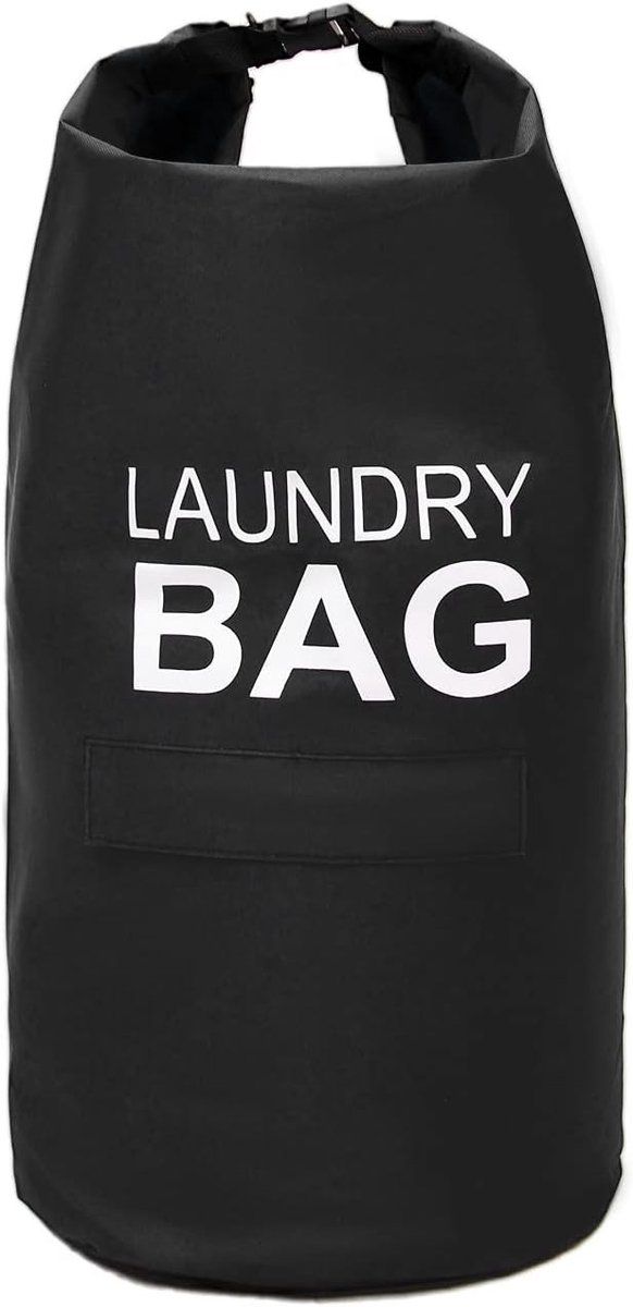Vouwbare Wasmand van Stof, Draagbare Waszak met Verstelbare Schouderbanden en Opbergvak voor Vuile Kleding, Ideaal voor Studenten, Reizen en Appartementen - 71L (Zwart)