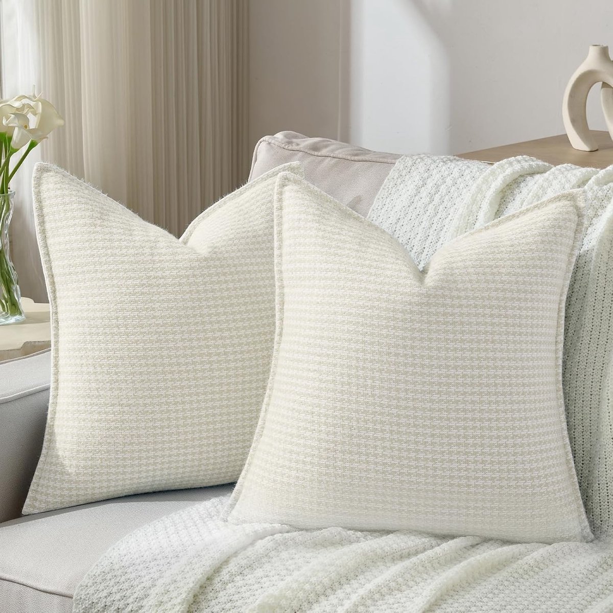 Decoratieve Chenille Kussenhoezen 45x45 cm Set van 2, Zachte Kussenhoezen voor Bank en Slaapkamer, Met Rits en Neutrale Crème Kleur