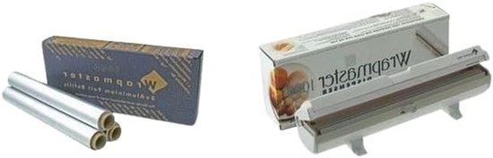 Wrapmaster dispenser met doos en drie rollen aluminiumfolie.