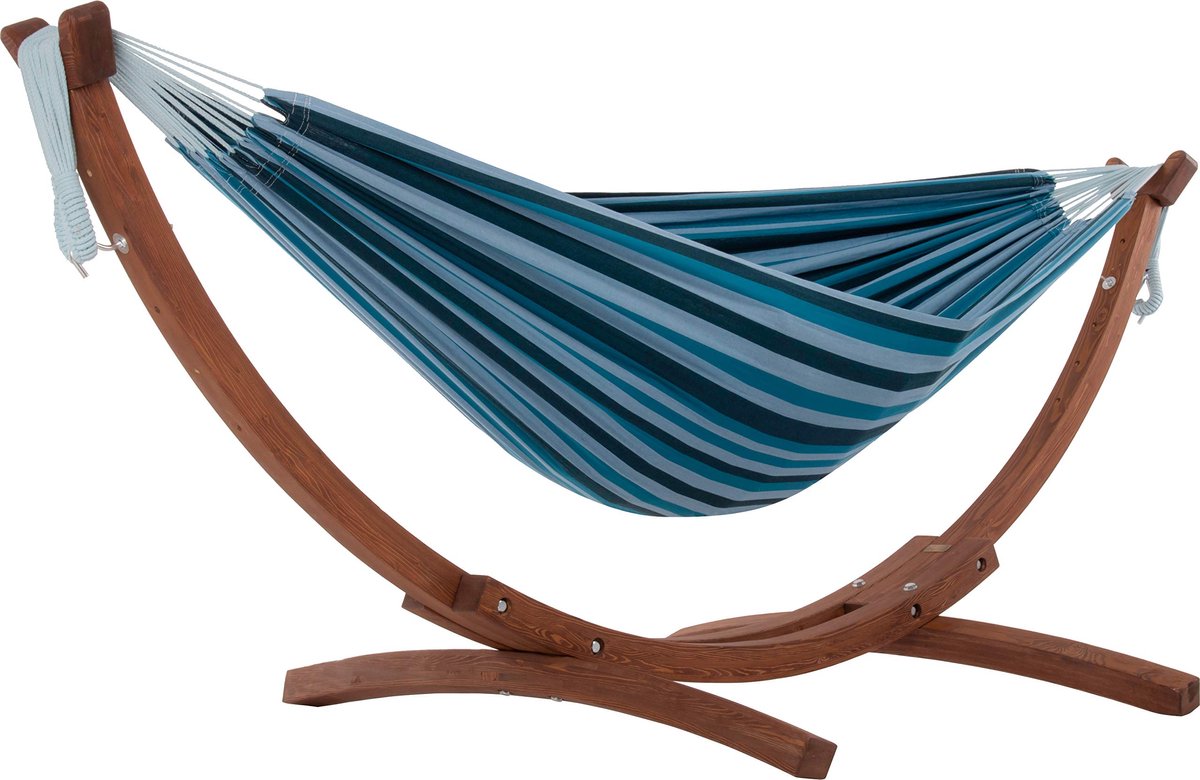 SnelShoppen - Dubbele Katoenen Hangmat met Standaard van Massief Grenen - Blue Lagoon - Perfect voor Tuin, Camping en Ontspanning - Natuurlijke Stijl,