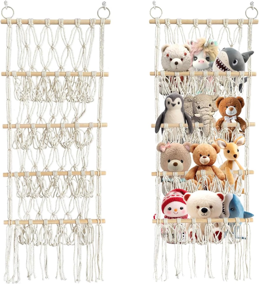 SnelShoppen - Opbergdoek voor Knuffels, Bohemian Stijl, 4 Laags Systeem met Haakjes en Houten Klemmen voor Speelkamer, Slaapkamer, Kinderkamer