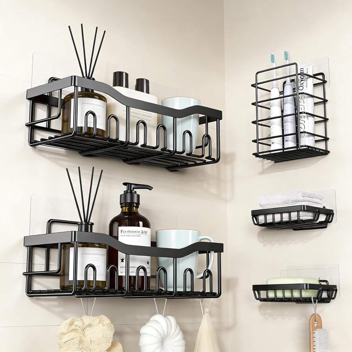 SnelShoppen - Duurzame Roestvrije Douchecaddy 5-Pack, Roestvrijstalen Badkameropbergaccessoires, Zelfklevende Douche-Organizer zonder Boren, Zwart Han