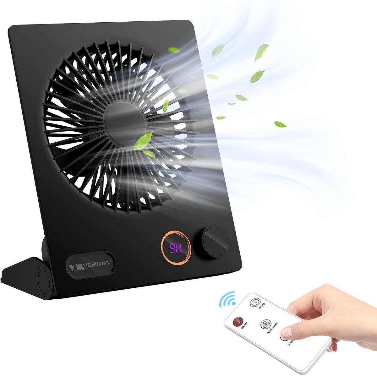SnelShoppen - Mini Tafelventilator met USB, 5000 mAh Accu, 180° Verstelbare Hangventilator met Afstandsbediening, Stepless Snelheid, Stil, Zwart