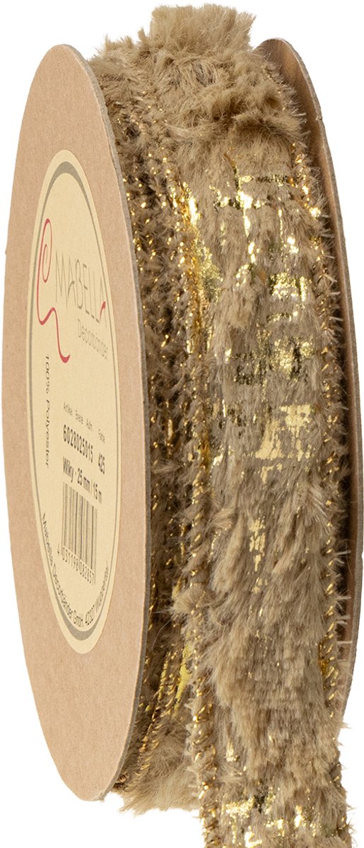 Decoratief lint met bont, imitatiebontlint, bruingoud, 25 mm, 15 m