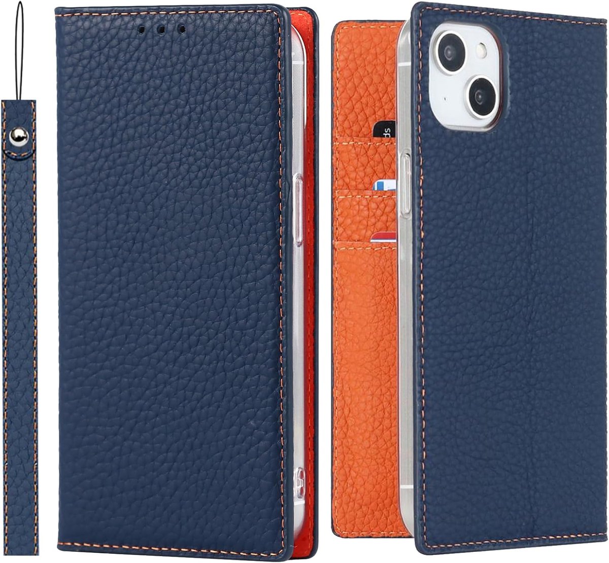 Klaphoesje met kaartvakken voor iPhone 14. Echt leer hoesje