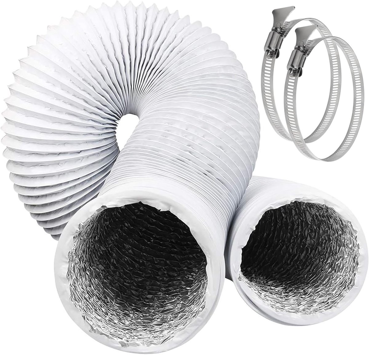 100 mm afvoerpijp, 6 m, pvc-slang met 2 slangklemmen, roestvrij staal | PVC aluminium buis, ventilatieslang voor mobiele airconditioning, droger, afvoerventilator, afzuigkap, ventilatiesysteem, wit
