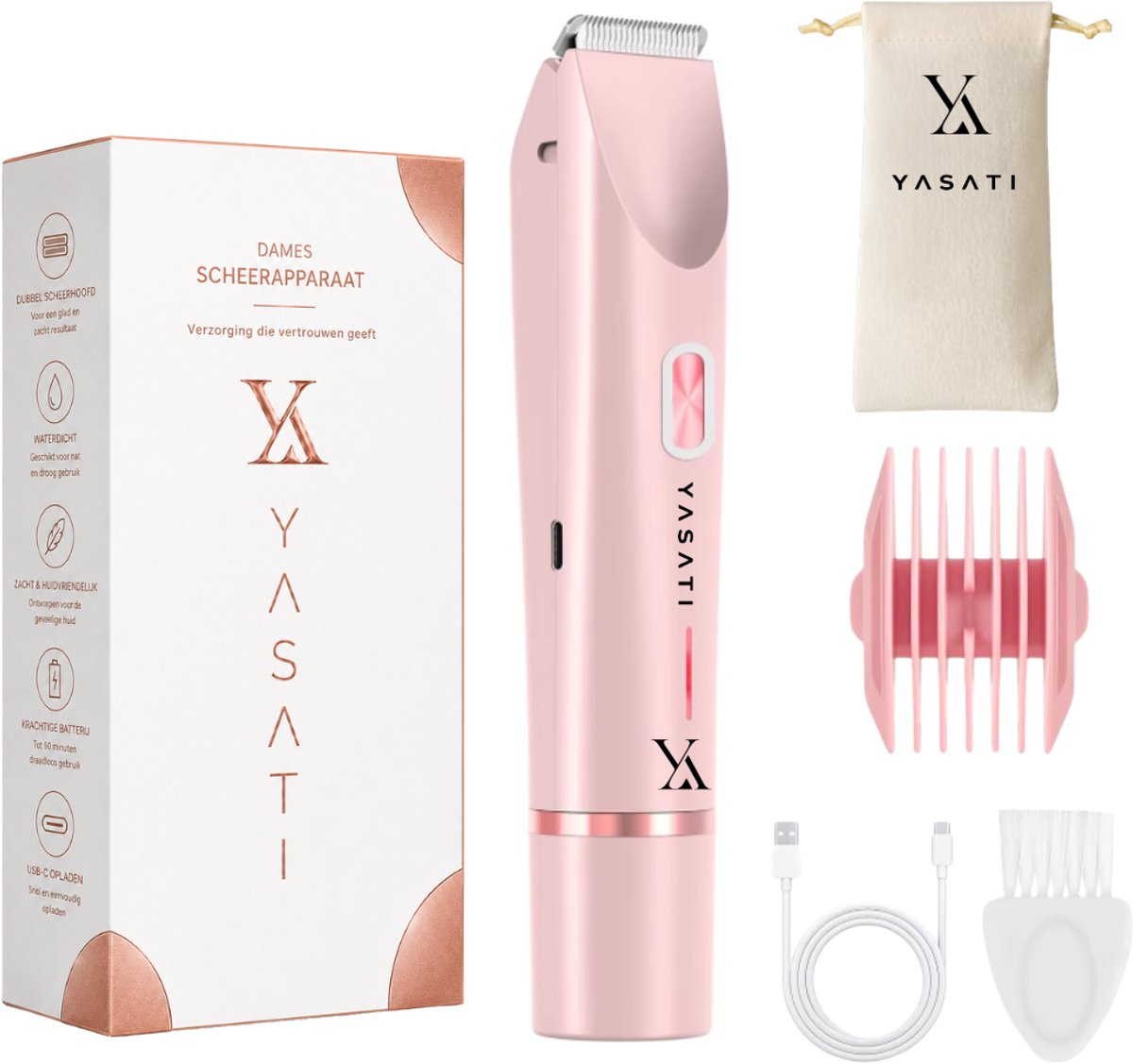 YASATI Oplaadbare 2-in-1 Elektrische Bikinitrimmer + 2 extra Scheerkoppen Voor Vrouwen - Roze - Waterdichte Scheerapparaat Voor Oksels - Benen En Armen - Reizen - Ladyshave Vrouwen - LadyGroomer - Scheerapparaat vrouwen - Inclusief Reiszakje