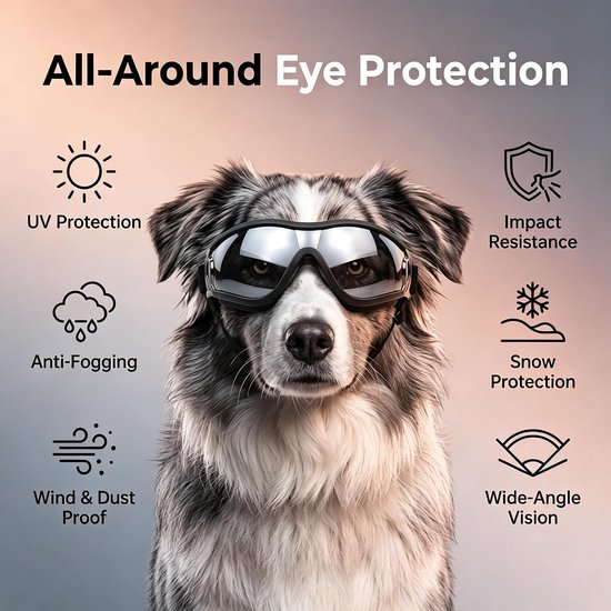 Hondenbril voor kleine en middelgrote honden, uv-bescherming, verstelbaar, hondenkleding en accessoires, stijlvolle hondenveiligheidsbril tegen wind en stof, zwart met grijze glazen — afbeelding 2