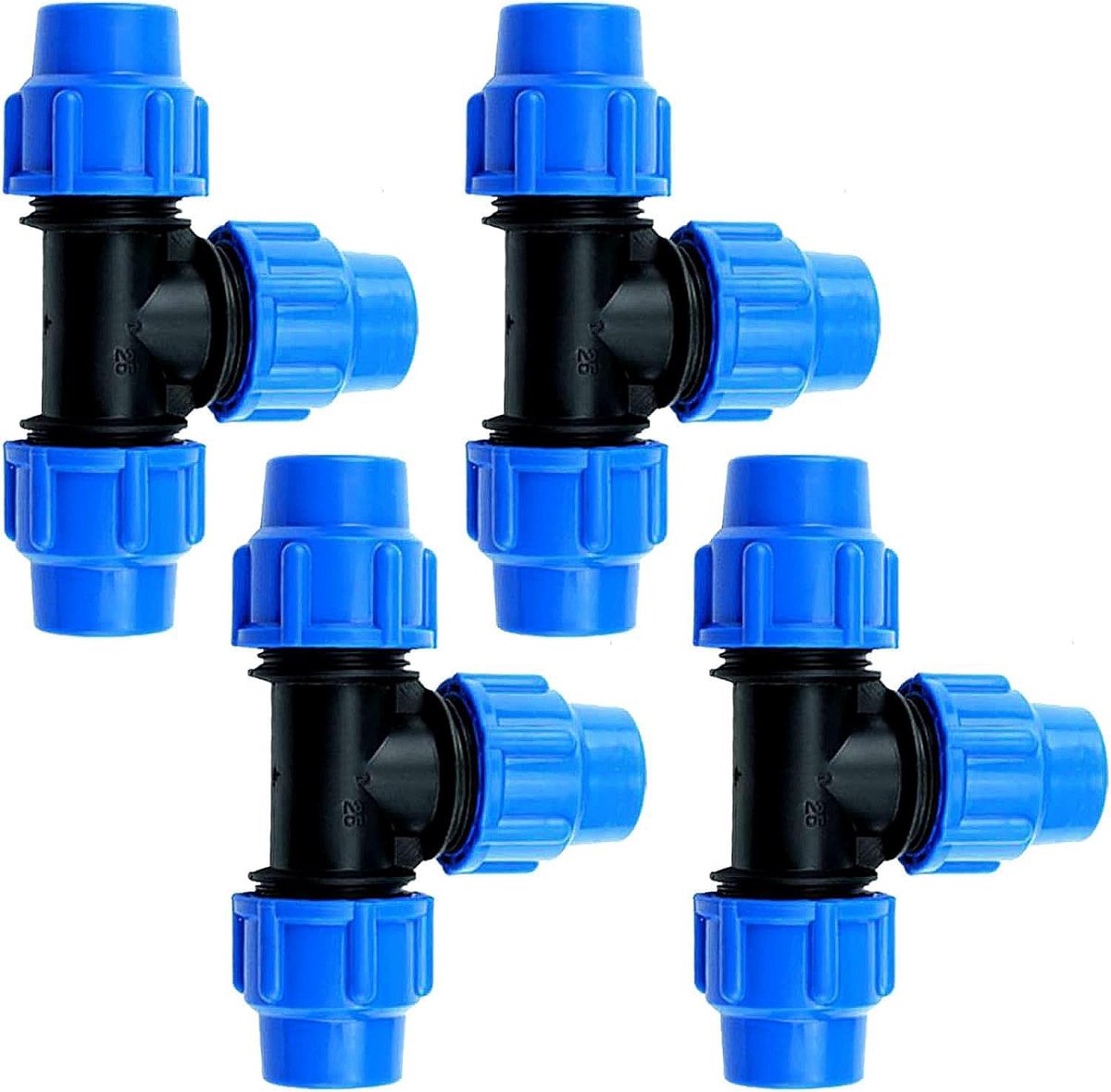 4 stuks PP-fitting schroefverbinding voor PE-buis 25 mm, T-stuk, PE buisfitting 25 mm x 25 mm, schroefverbinding 25 mm, schroefverbinding van kunststof PP-koppeling, blauw