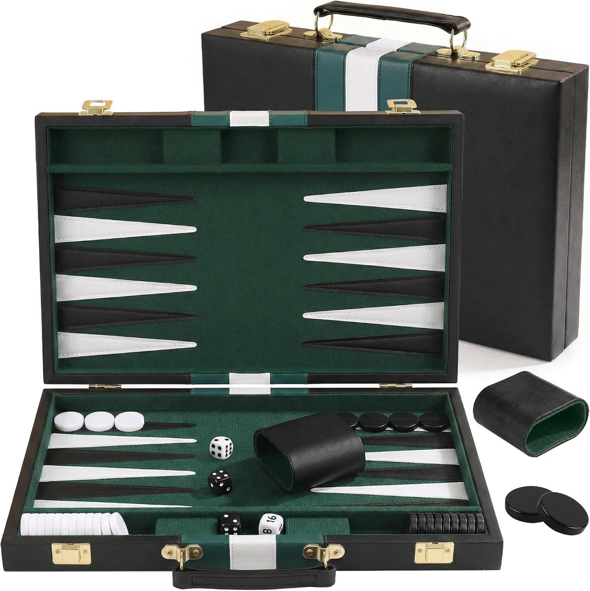 Backgammon Set, PUYUKO 11 Inch Reis Backgammon Bordspel, Opvouwbaar Backgammon Spel met Dobbelstenen, Speelstenen en PU Leren Koffer, Luxe Cadeau voor Volwassenen, Kinderen en Familie (Groen-15")