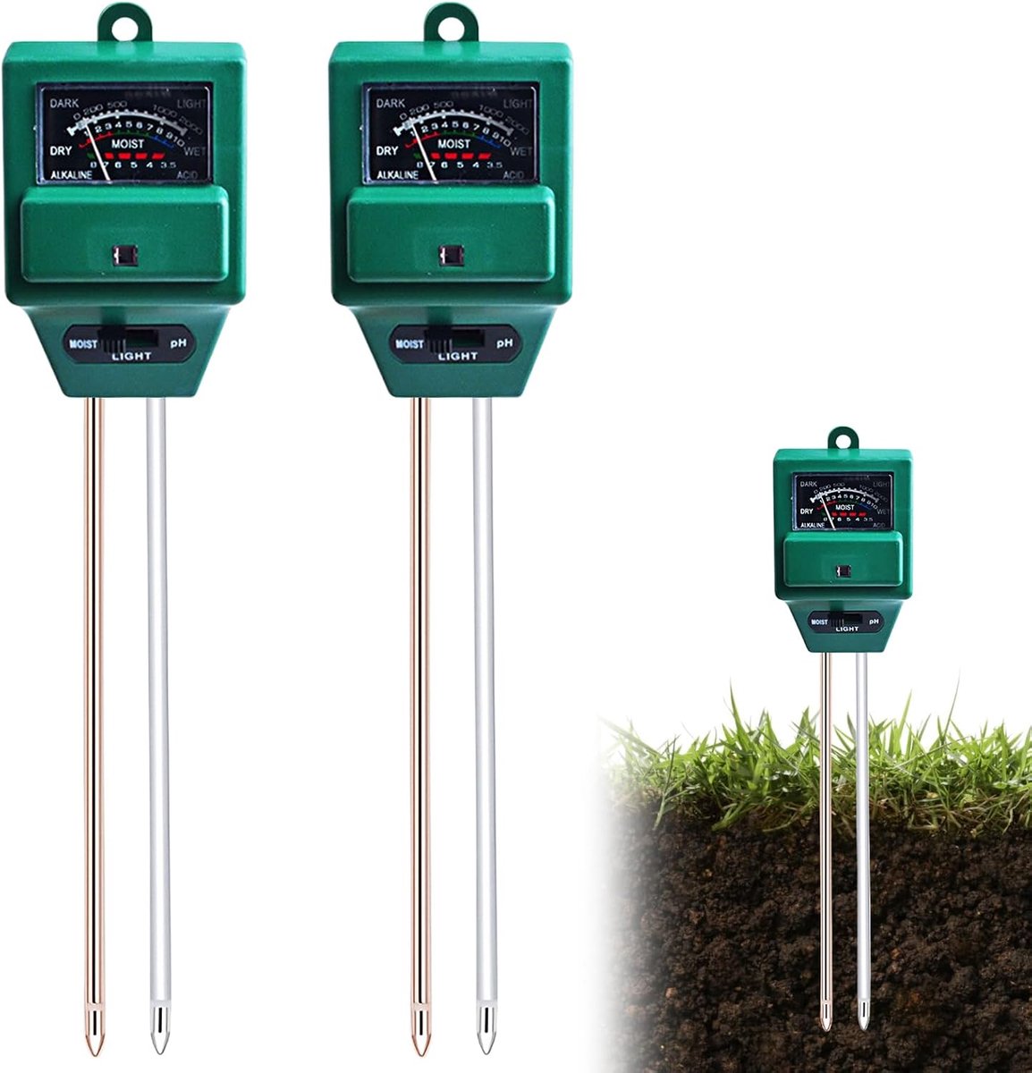 2 stuks bodemmeter 3-in-1: pH-waarde gazon, vocht en vruchtbaarheid