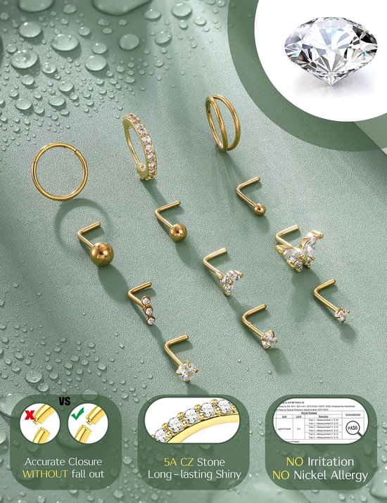 12 stuks 20G Neusringen Chirurgisch Staal Neusstud Set Diamant Cz — afbeelding 4