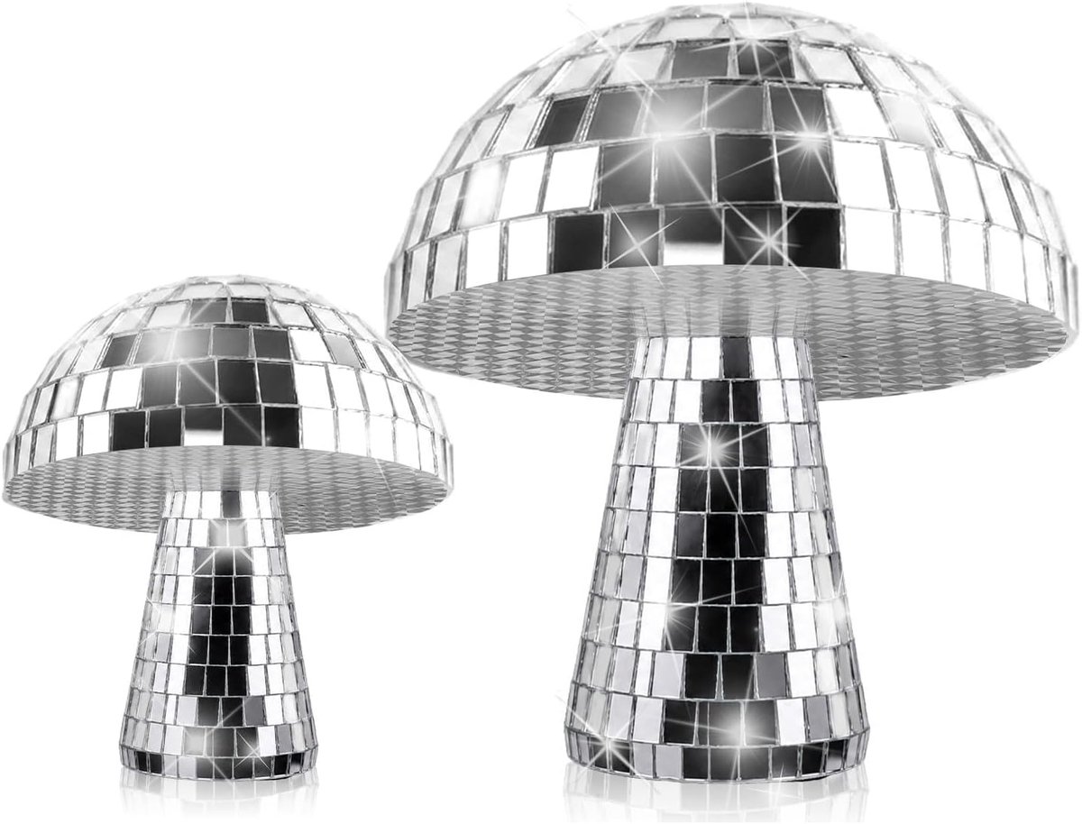 Discopaddenstoel, 2 stuks, zilveren discobal, paddenstoeldecoratie, spiegelbal, discoballen, meerdere scenario's, discobal, glitter, discobal voor bruiloft, verjaardag, thuis, podium