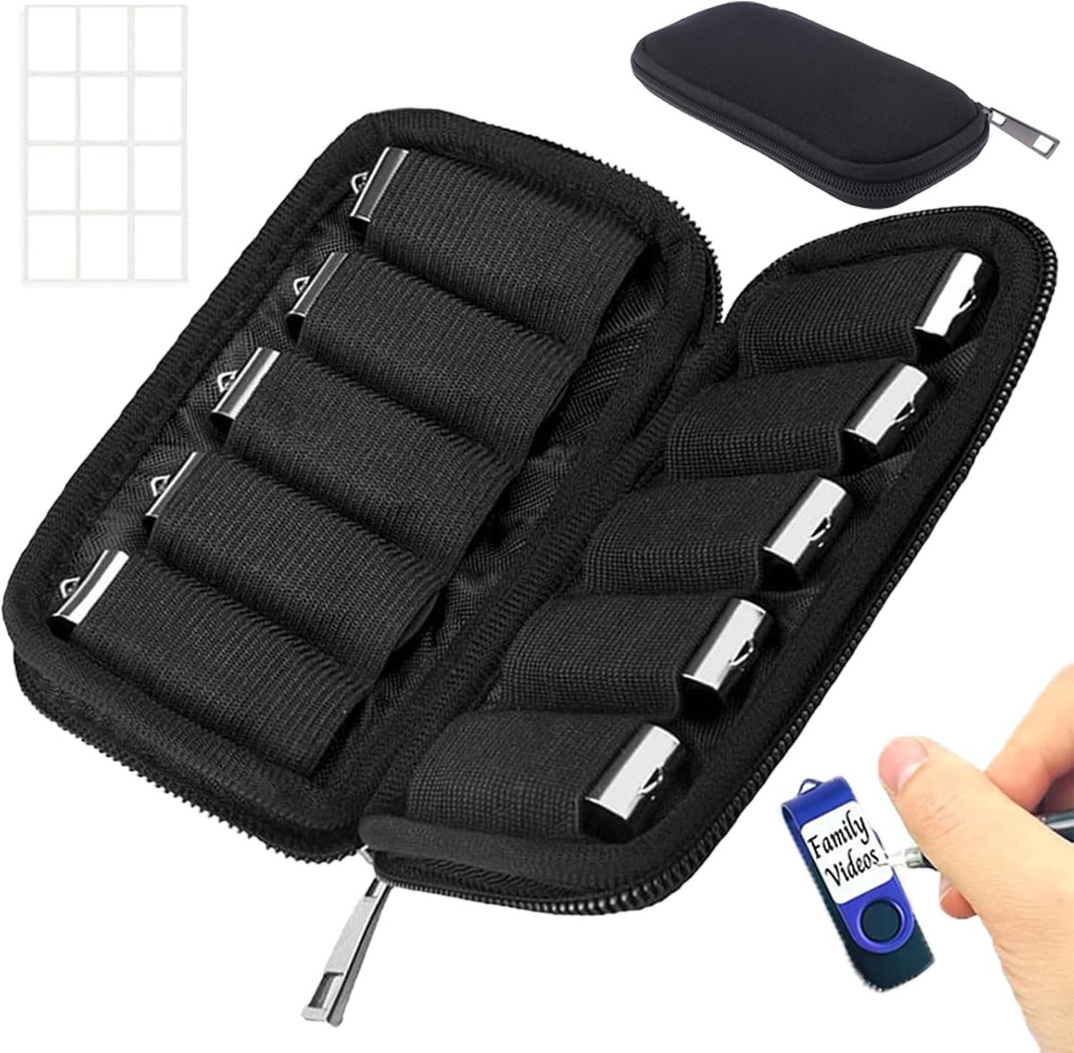 USB Stick Opbergtas met Labels – Compacte Organizer voor 10 USB Sticks/Flash Drives/Pen Drives – Zwart, Draagbaar en Ruimtebesparend