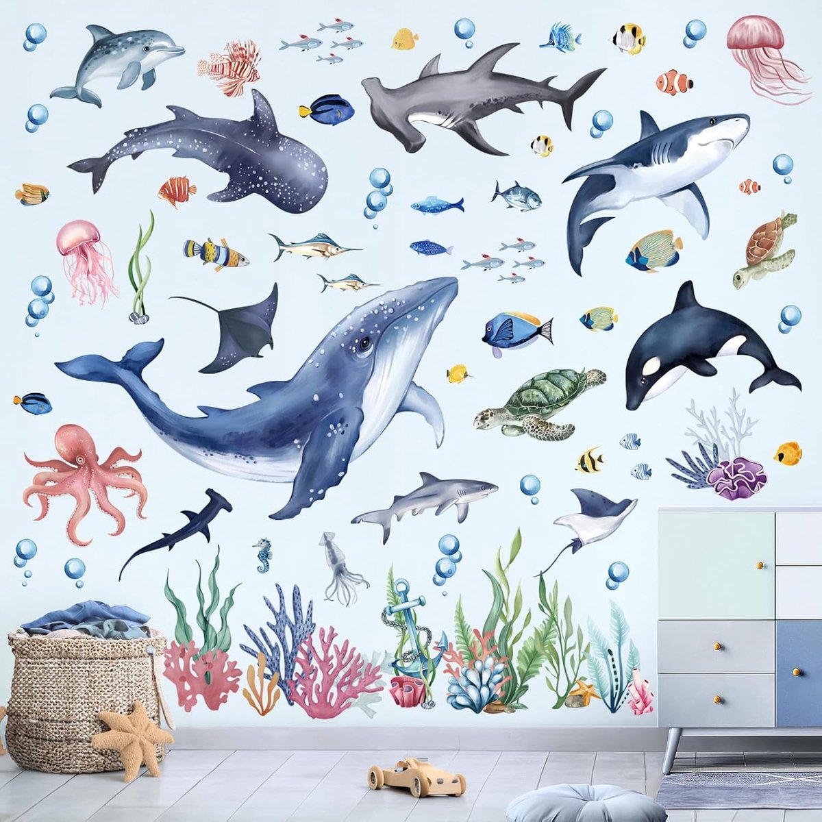 Muurstickers walvishaai oceaan zeewier schil en stok muurkunst