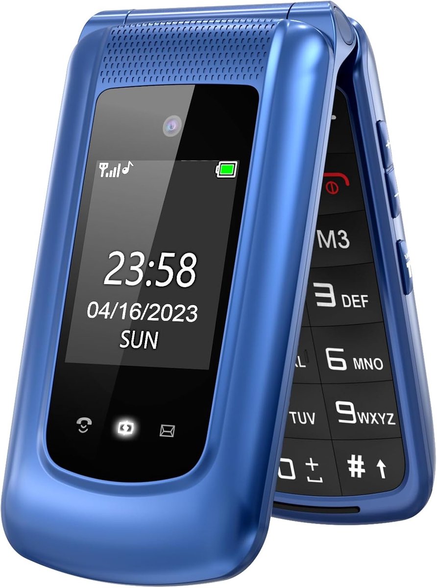 Mobiele telefoon voor senioren, klapmobiele telefoon zonder abonnement, vodafone, grote toetsen mobiele telefoon, eenvoudig en toetsen, noodoproepfunctie, 2,4 + 1,7 inch dual display