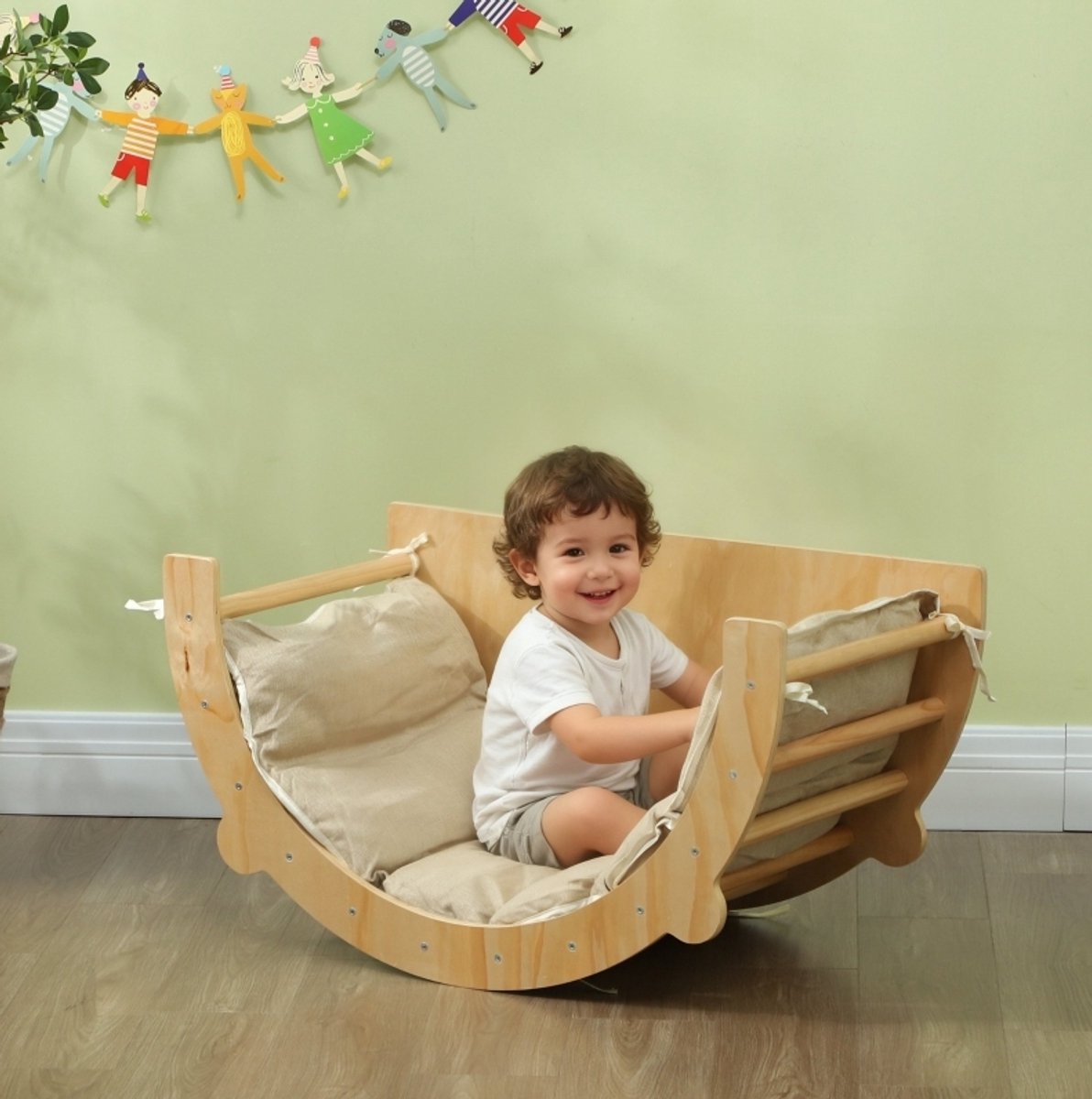 COVREO Kletterboog 90 x 52 x 50 cm, naturel hout, met kussen voor kinderen