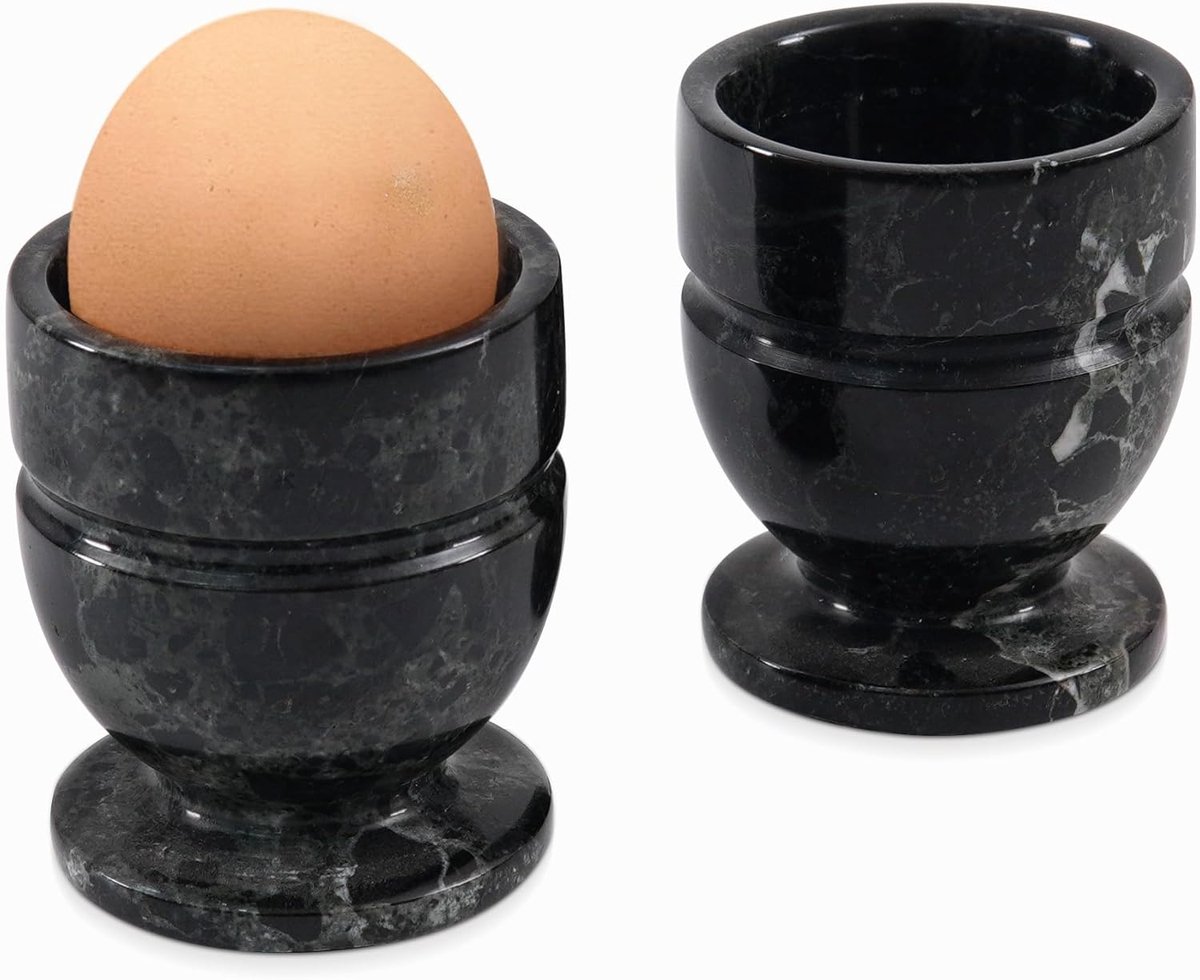 Marmeren eierdopjes set van 2 handgemaakte 2,5 inch zwarte eierhouder voor zachte en hardgekookte eieren - eiercontainers voor ontbijttafel en keukenaanrecht