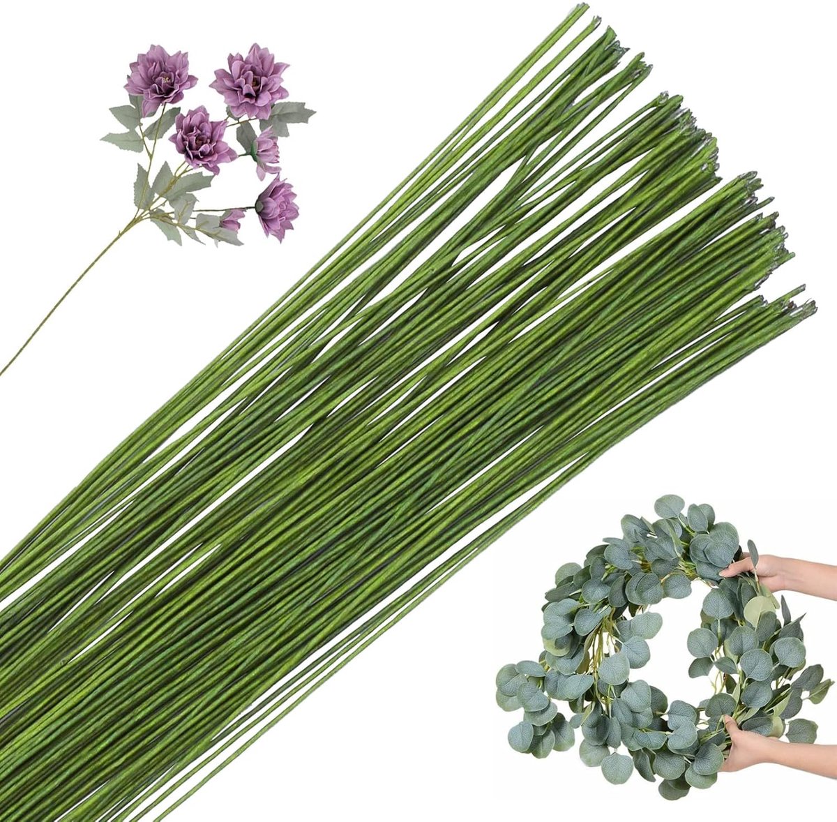 Draad, 40 cm, 0,5 mm, lichtgroen, bloemendraad om te knutselen, dun bloemendraad, bloemistendraad, papieren ommanteling voor kunstbloemen, bruiloftsboeket decoratie