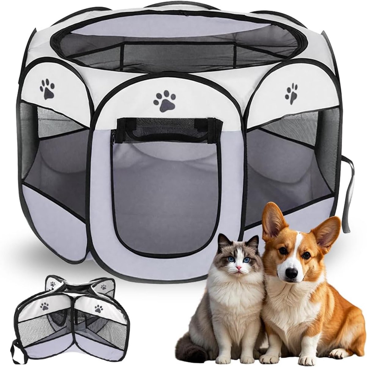 hondenren voor puppy's Hondenlopen Hondenbox, 74x74x43cm Puppyuitloop Kattenverblijf Kleintierverblijf voor thuis, Loopstal Vrijloopverblijf voor Honden Katten Konijnen Binnen Buiten, Grijs