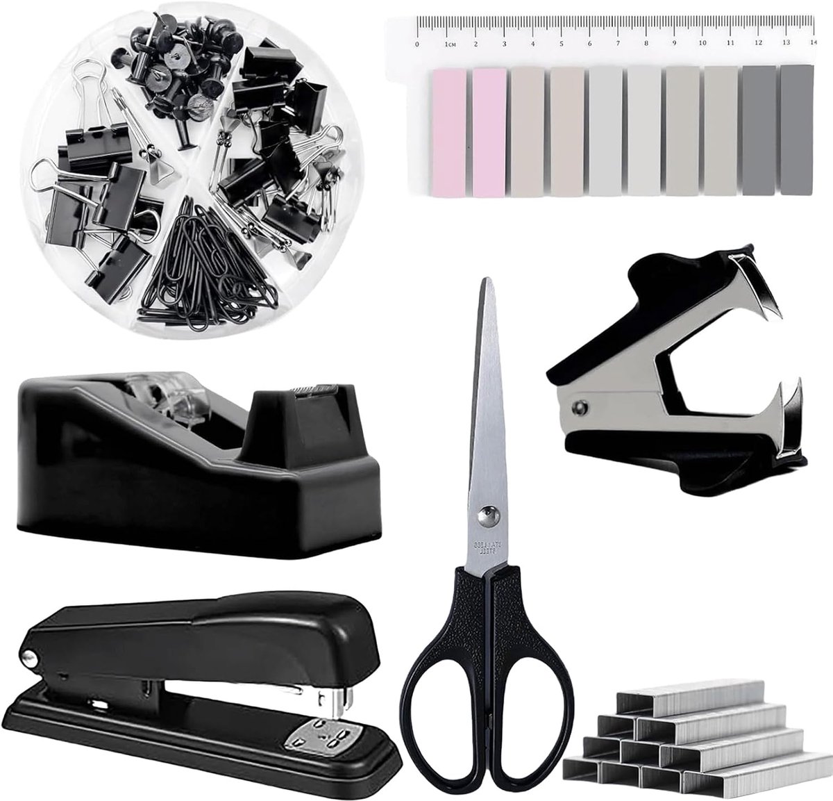 paarse bureauaccessoires, 10-delige set, bureauset met ontnietjes, nietjesverwijderaar, afroller, schaar, bandmaat, universeel mes, clip, zelfklevende notities (zwart)