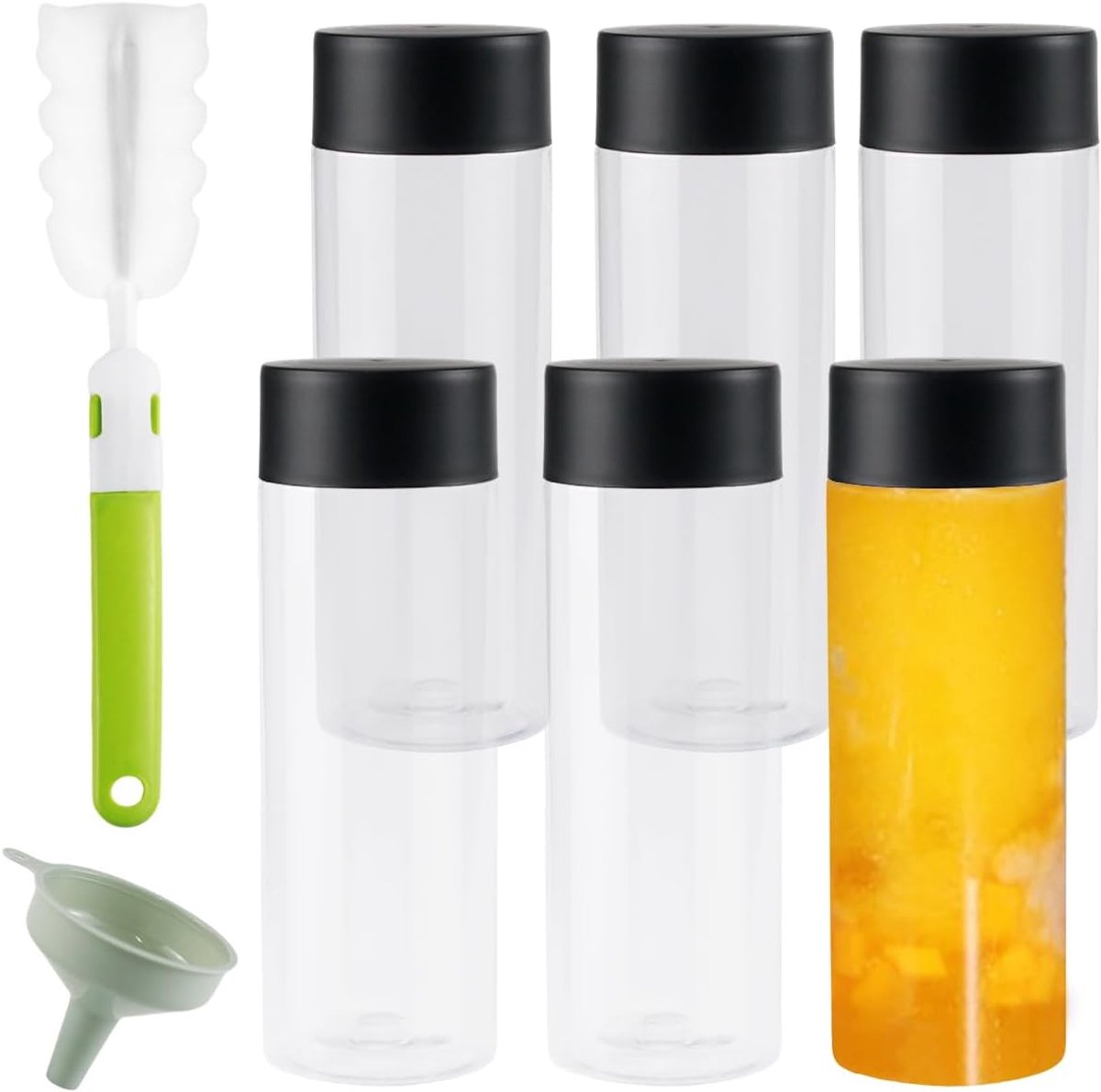 6 plastic flessen om te vullen, 350ml shotflessen | transparante smoothiefles met deksel, herbruikbaar, voor thee, sap, smoothies en koud gezouten