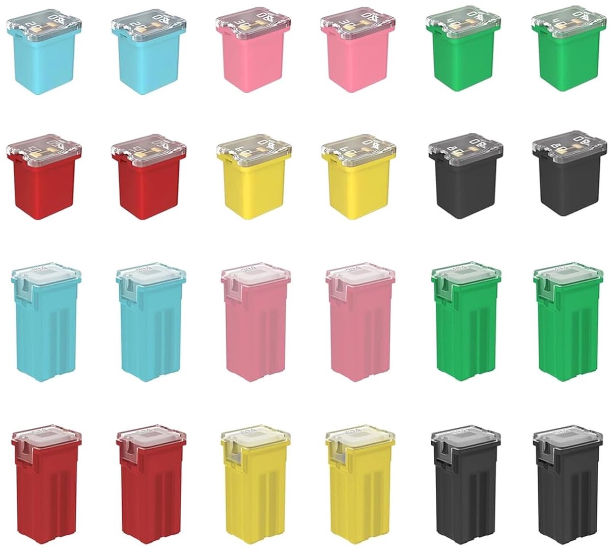 24 stuks Jcase blokzekeringen, laag en tall profiel, autozekeringen, 20A/30A/40A/50A/60A/80A, micro zekeringen, voor pickup trucks auto's en SUV's