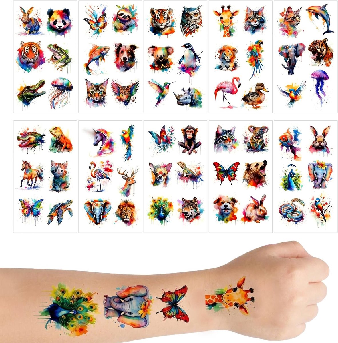 Tijdelijke Tatoeages voor Kinderen en Volwassenen, Aquarel Dieren Plaktatoeages Set, Waterdichte Nep Tattoos voor Verjaardagsfeestje Traktatie - Stijl 1