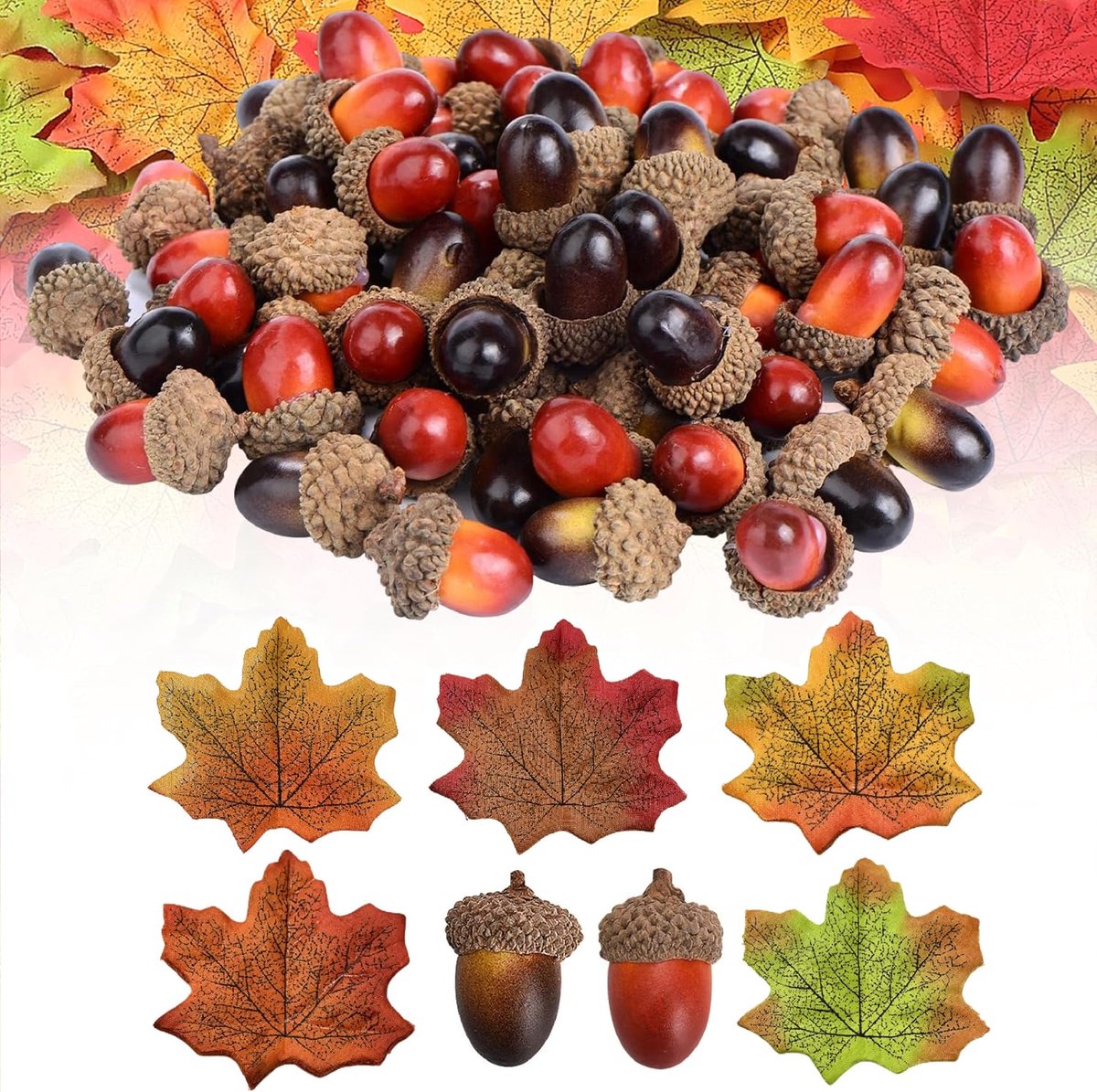 100 stuks realistische herfstdecoratie, eikels, herfstdecoratie, kunstmatige eikels, mini-eikeldecoratie, kunstesdoornbladeren, kersteikeldecoratie