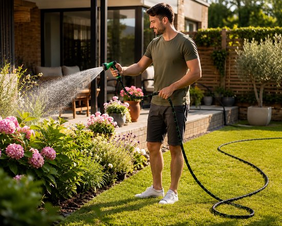 Man met tuinslang sproeit bloemen in de tuin.