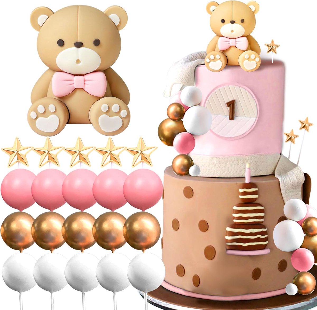 Teddybeer taartdecoratie doop jongen roze taartdecoratie teddybeer