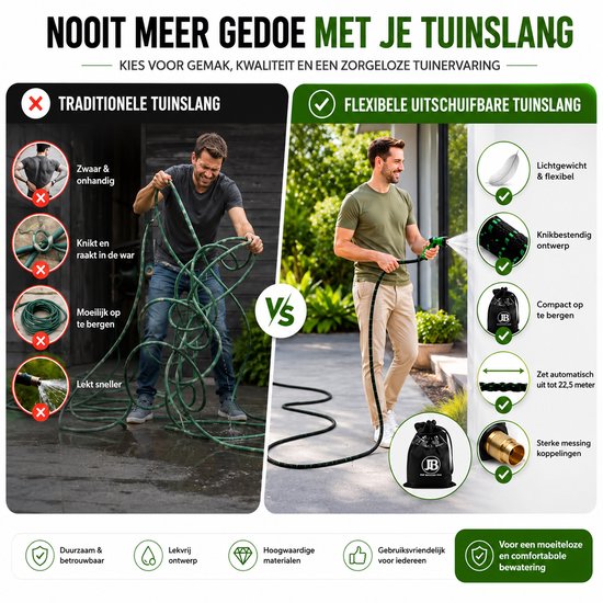 Vergelijking traditionele tuinslang met flexibele, lichtgewicht, knikvrije tuinslang.