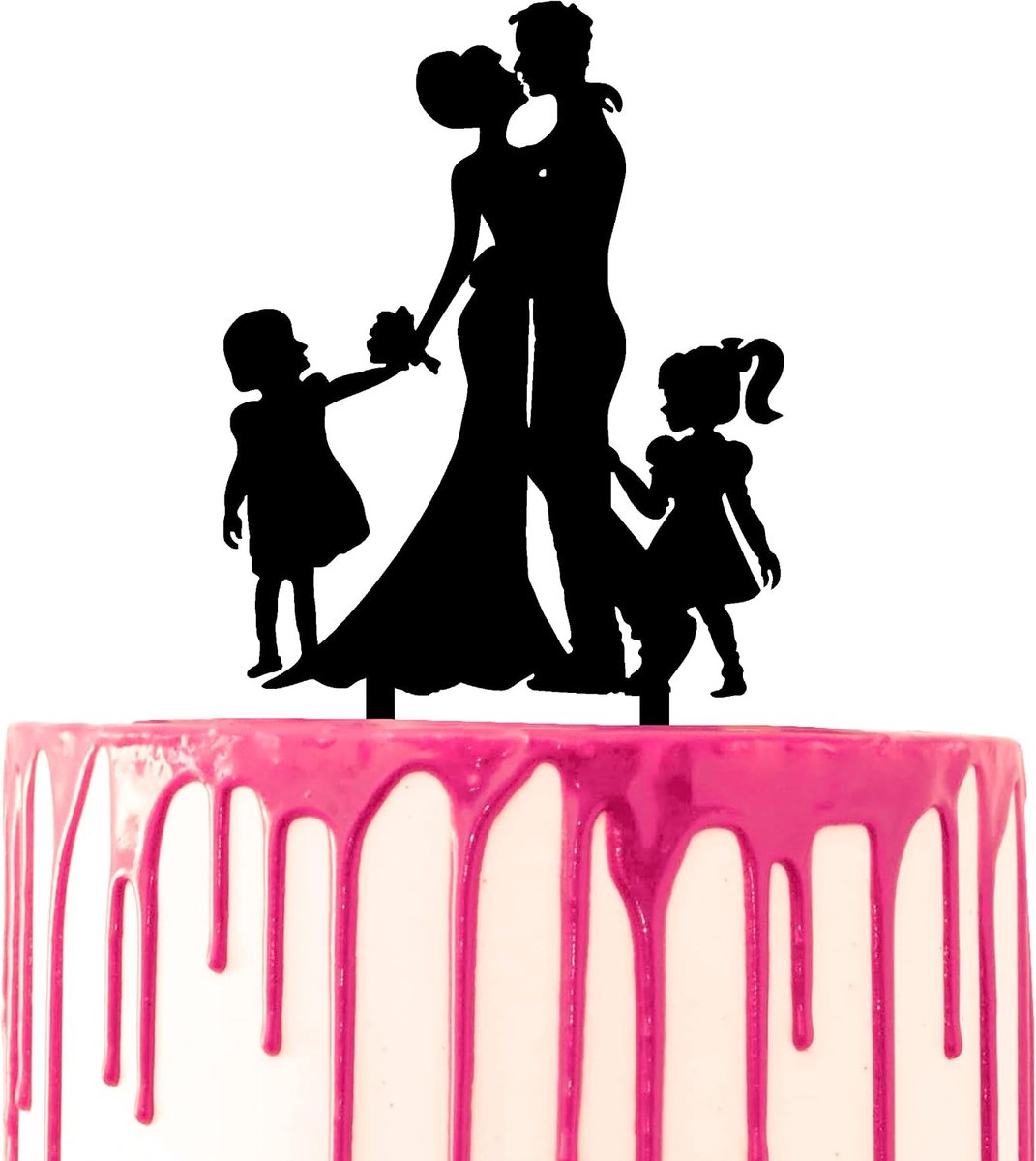 Decoratieve taarttopper paar knuffelt met twee speelse dochters, huwelijksjubileum taartdecoratie, acryl silhouet