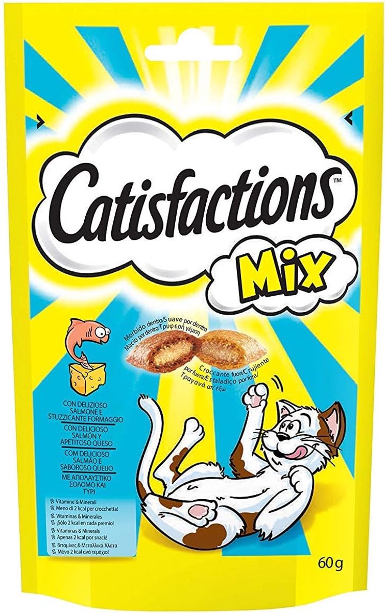 SnelShoppen - Catisfactions Catisfaction Kat Snacks, Gemengde Kaas en Zalm Smaak (6 x 60g) - Crispy en Zacht, Met Vitaminen en Mineralen, Low Calorie,