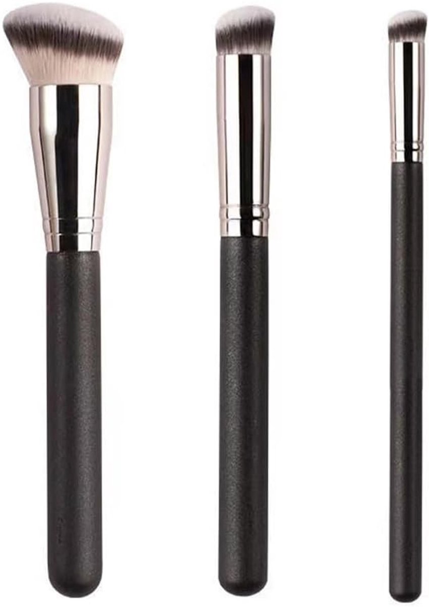 Allecto Plus - Set van 3 professionele primerkwasten en concealer kabuki voor vloeibare en mineraal poeder make-up - Synthetisch gezichtsgereedschap
