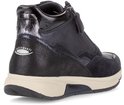 Donkerblauwe veterboot met rits, suède en leer, beige zool.