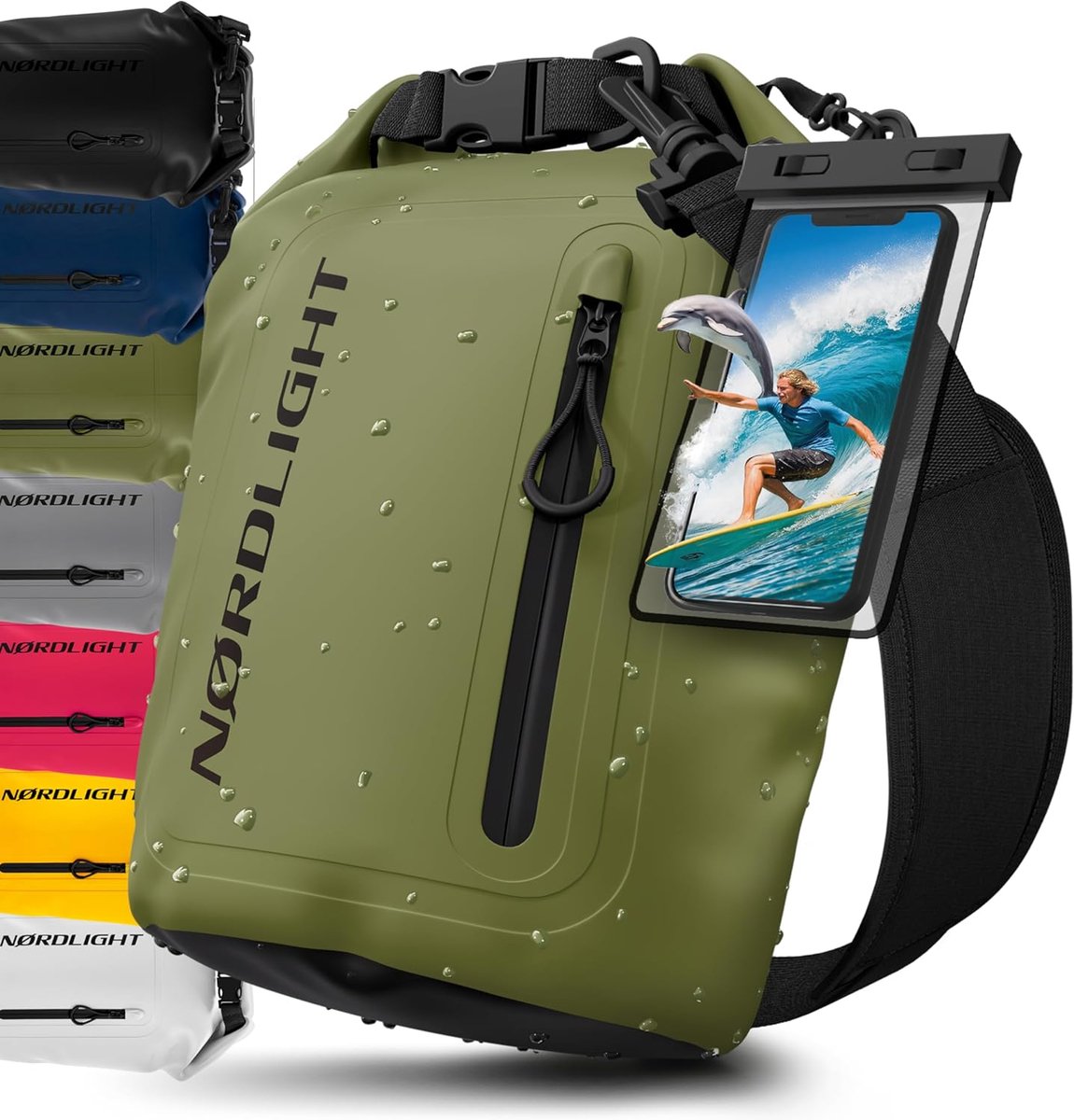 SnelShoppen - Waterdichte Tas 5 Liter met Telefoonhoes, Roll-Top Sluiting, Schouderriem | Olijfgroen Dry Bag voor Zwemmen, Strand, SUP en Kanoën – productfoto 1 van Bol.com