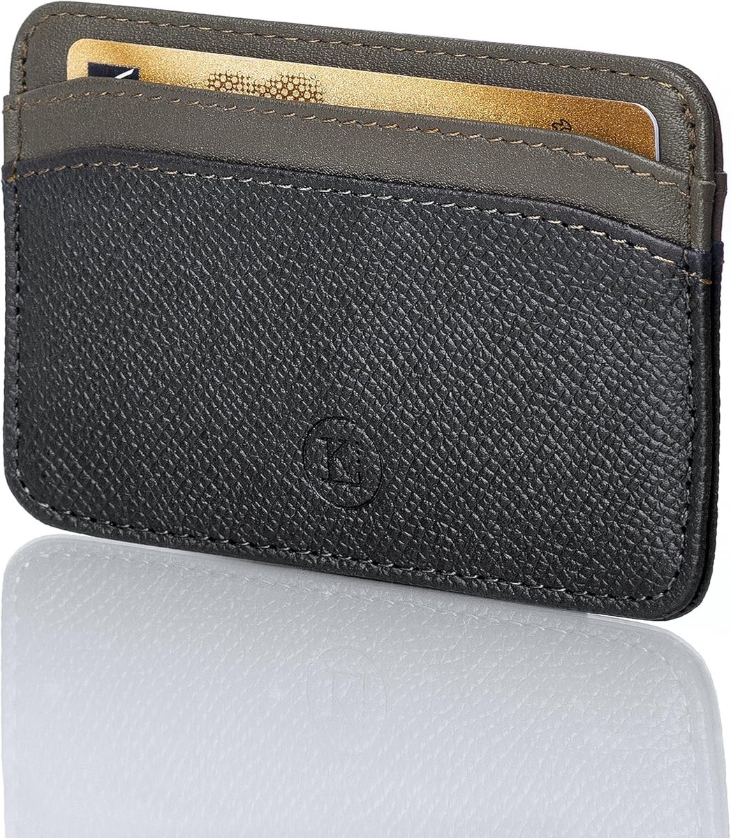 SnelShoppen - Wallet Unisex Extra Dun - Italiaans Leer - RFID Anti-skim Bescherming - Epsom Zwart en Khaki Nappa - Geschikt voor 5 Kaarten