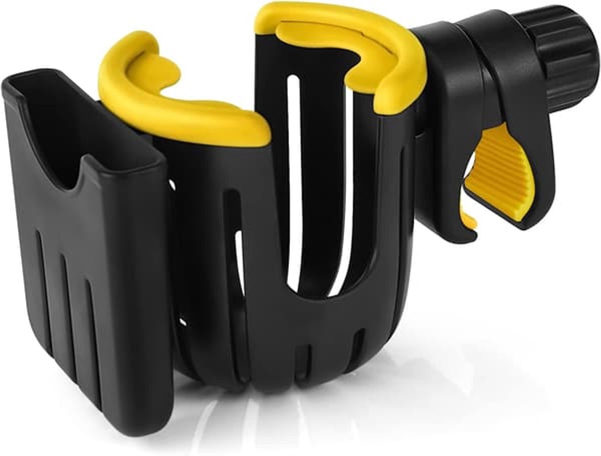 Bekerhouder met geïntegreerde telefoonhouder, fietsbekerhouder, 2-in-1 universele bekerhouder, geschikt voor zowel telefoon als waterfles, ideaal voor kinderwagens, rollators en rolstoelen, zwart/geel.