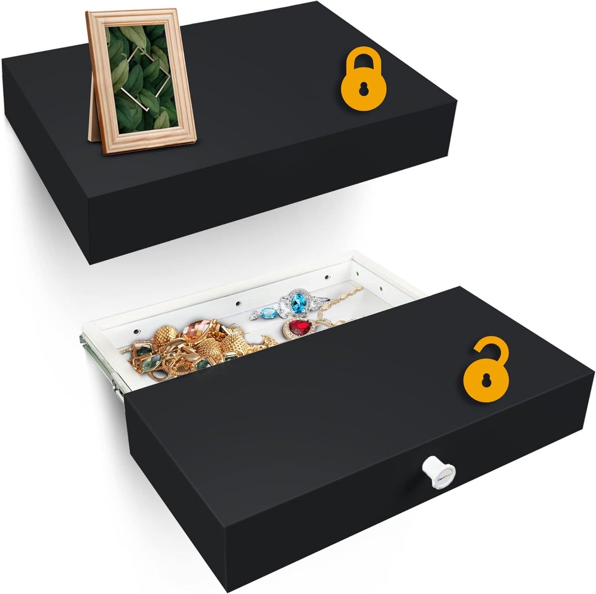 SnelShoppen - Wandplank met Verborgen Kluis | 30 cm x 60 cm x 10 cm | Zwart | Wandmeubel met Onzichtbare Lock en Sleutel | Ideaal voor Geld, Sieraden